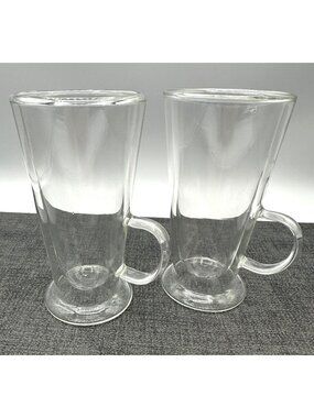 Set Of 2 Double Wall Footed Glass Latte Mugs Insulated Coffee Cups 5.25"
